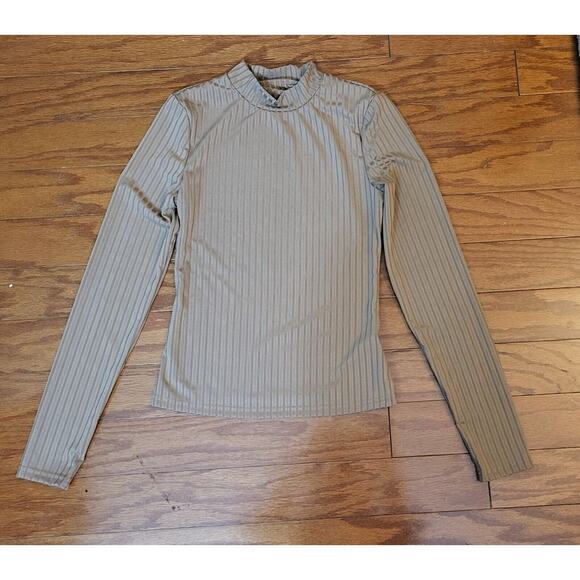 Womens Beige/Tan Ribbed Mock Neck Long Sleeve Size Small Stretchy - Picture 14 of 14